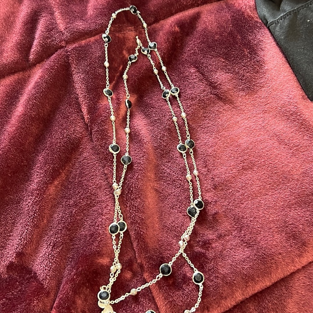 Costume, silver and black beaded long necklace